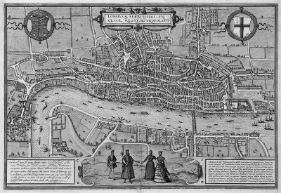 Figure 4: London (c. 1550) first published 1572. Open land with grazed livestock began within a few hundred yards of the wall. Suburban sprawl in Westminster is evident (Keene, 2000, 77)